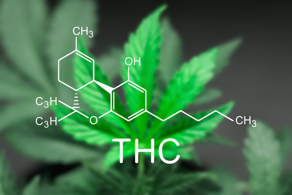 thc molecular diagram with marijuana leaf