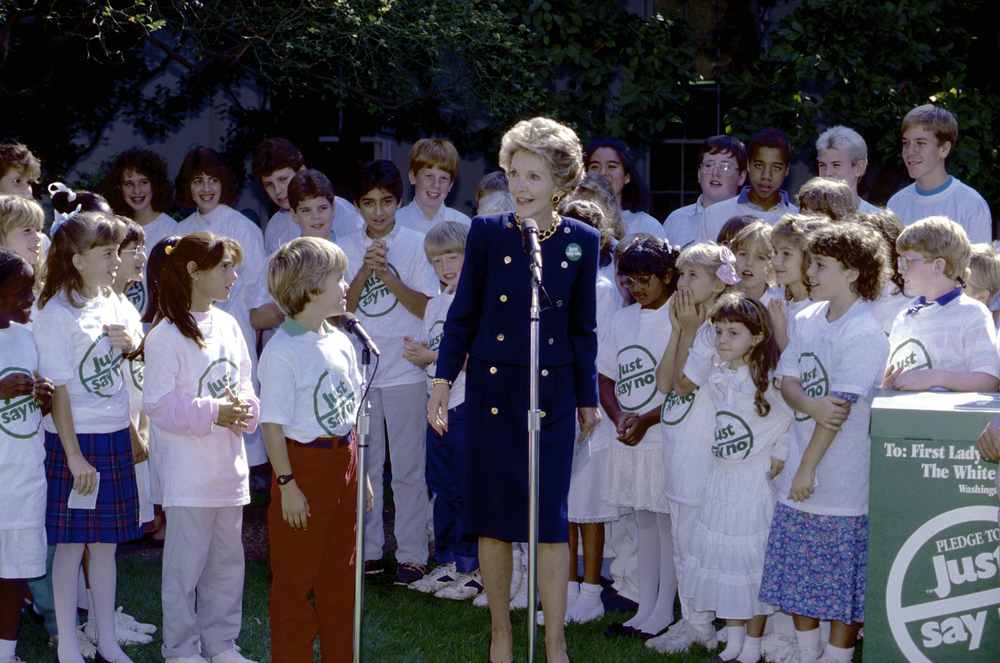 First Lady Nancy Reagan giving a speech on the South Lawn of the White House
