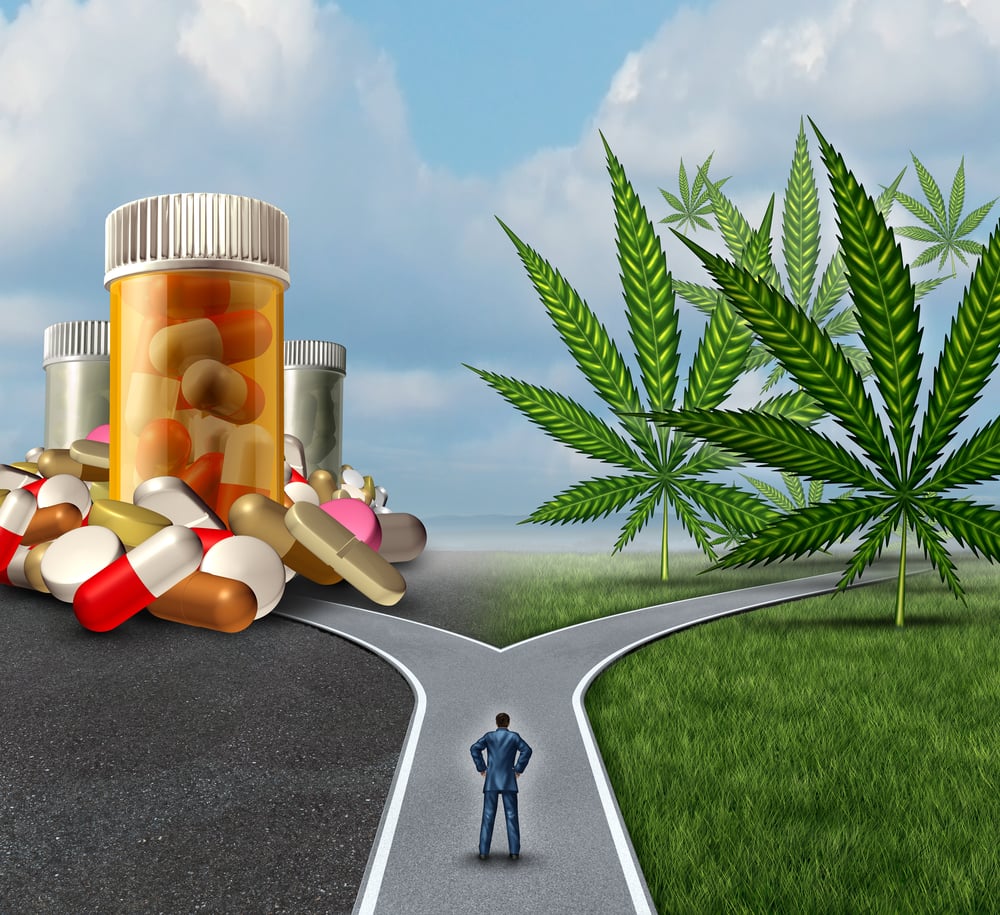 man choosing between prescription medication and marijuana