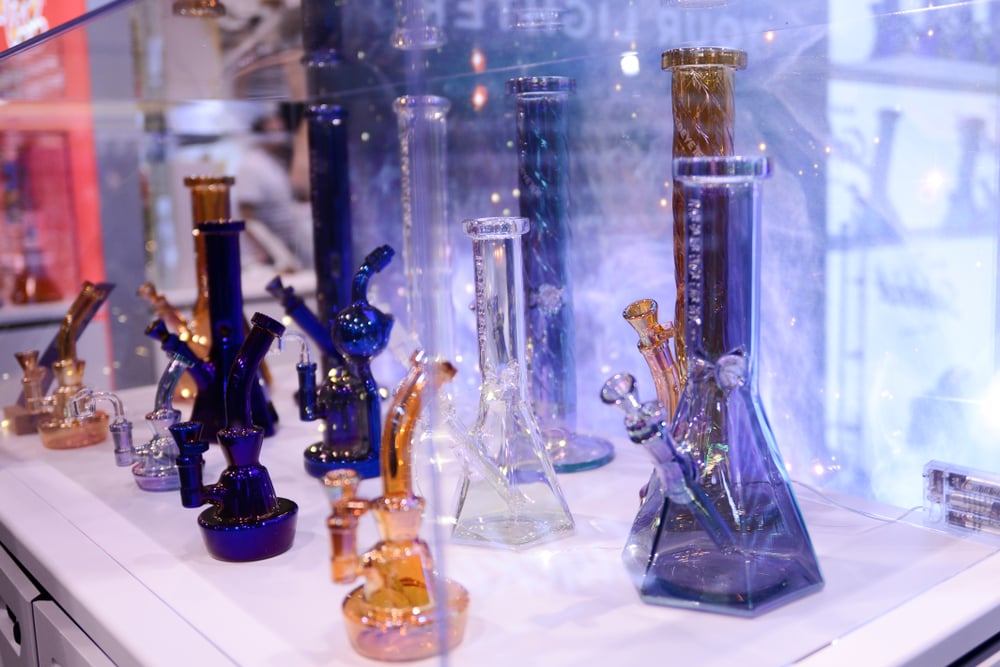 display of glass marijuana bongs