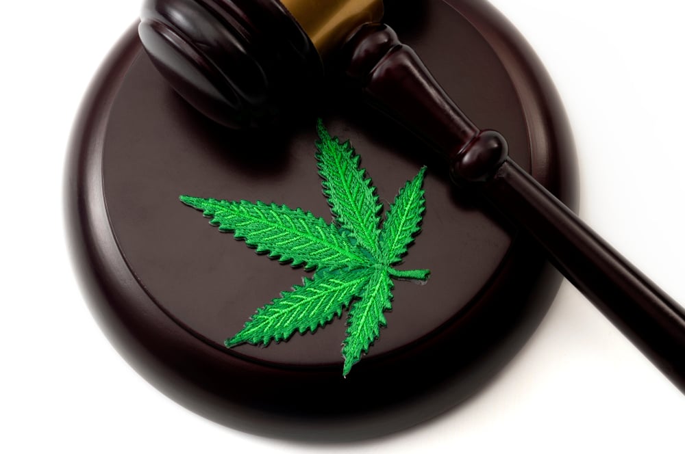 image of a gavel on a platform with a marijuana leaf