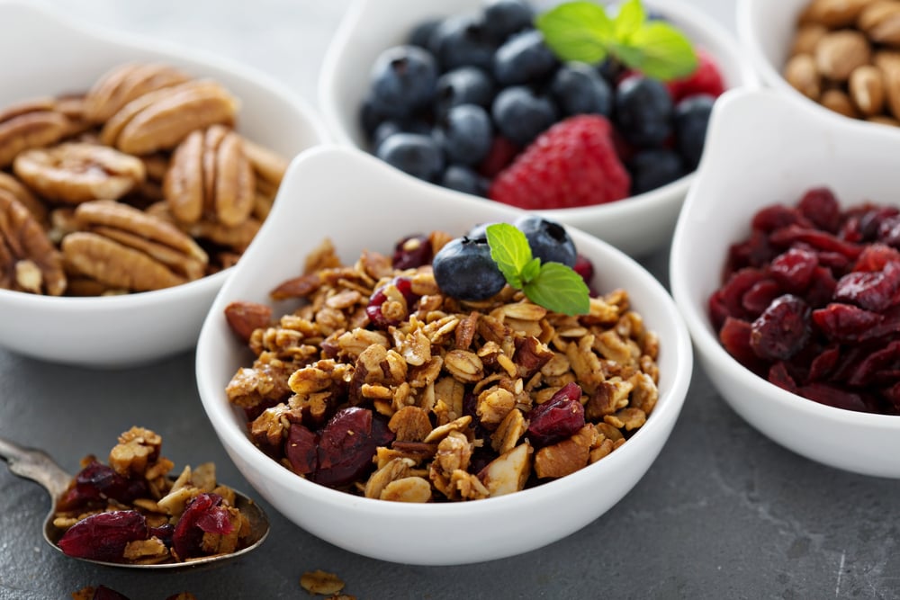 bowls of nuts and fruit