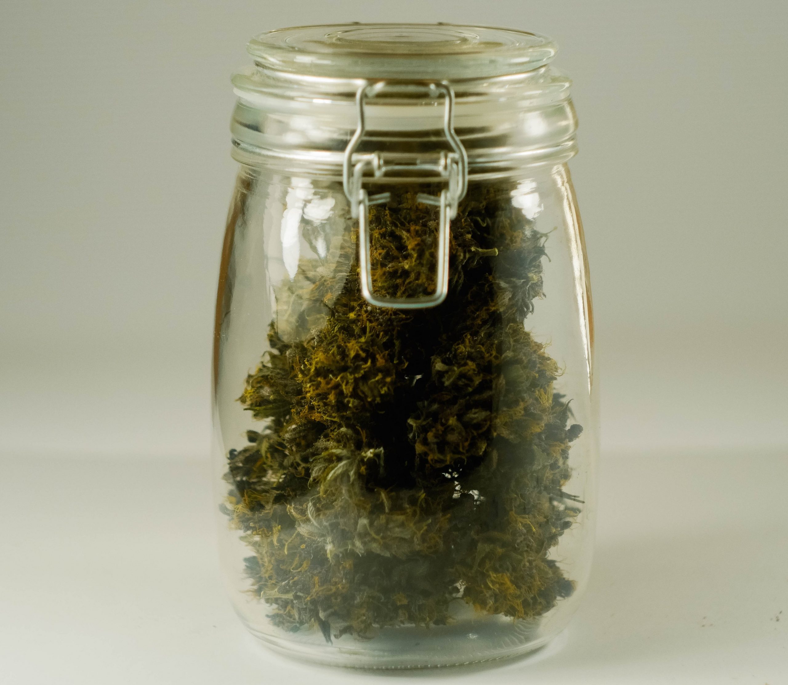 marijuana buds stored in an airtight glass jar