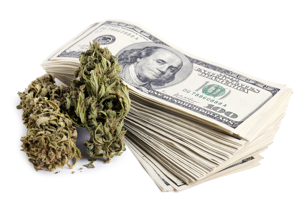 marijuana buds and stack of one hundred dollar bills