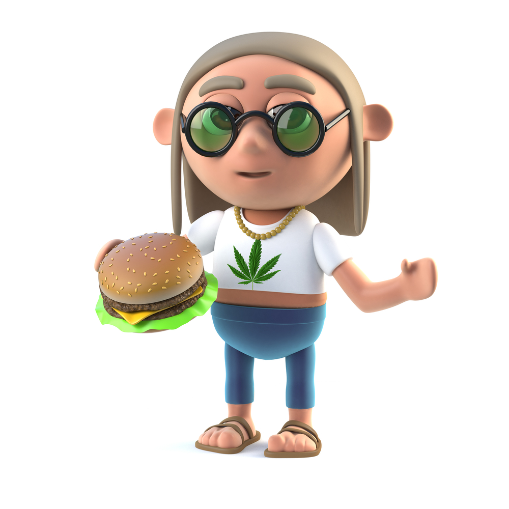 man with marijuana joint and hamburger